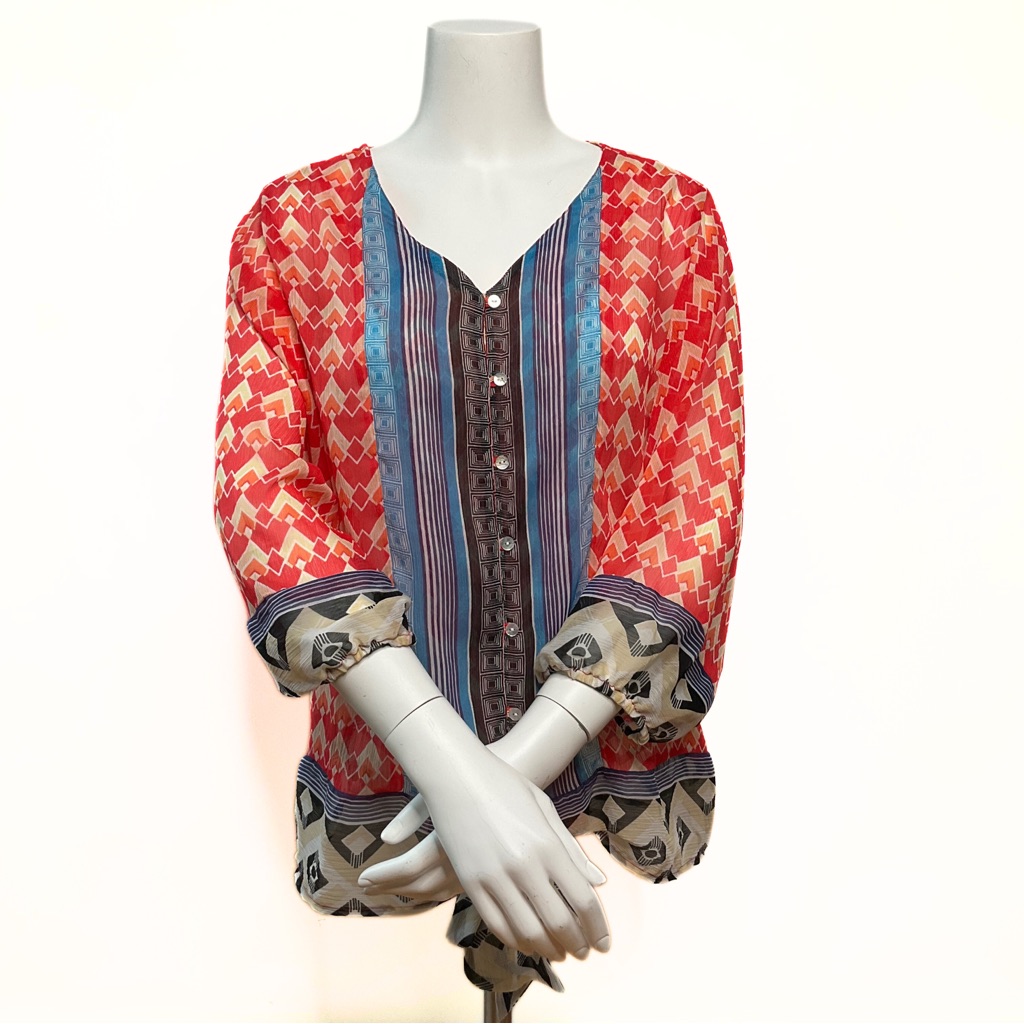 Style & Co Geometric Semi Sheer Blouse Womens Sz S Western Cowgirl Boho Hippie